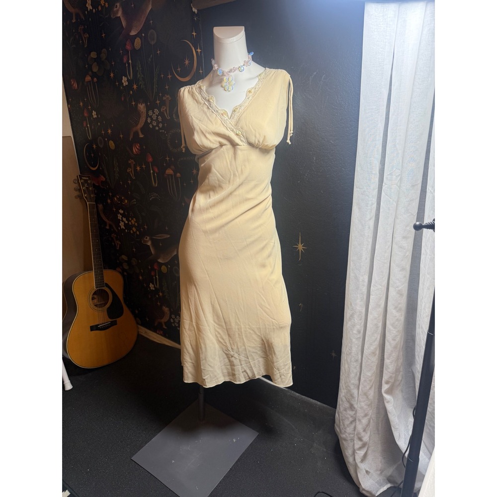 Vintage Gemini butter yellow Lace Trim Sequin V-Neck Midi Dress Made in USA Size